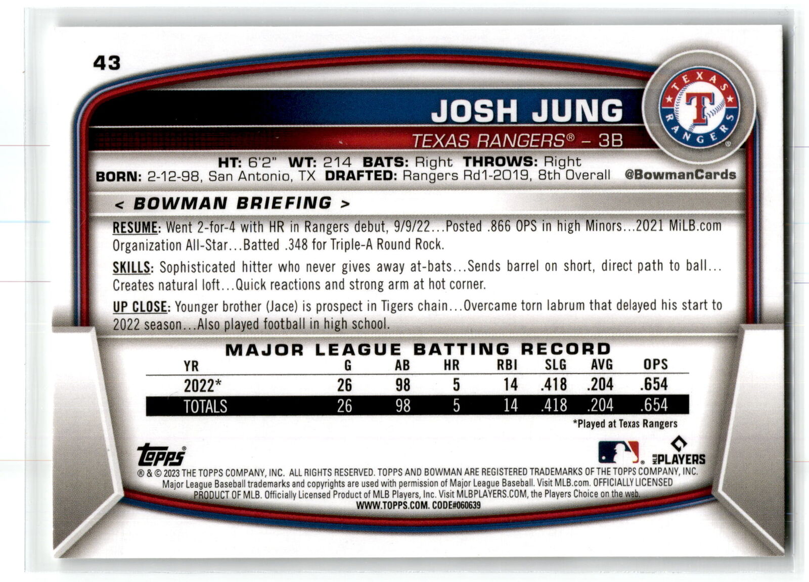 2023 Bowman #43 Josh Jung NM