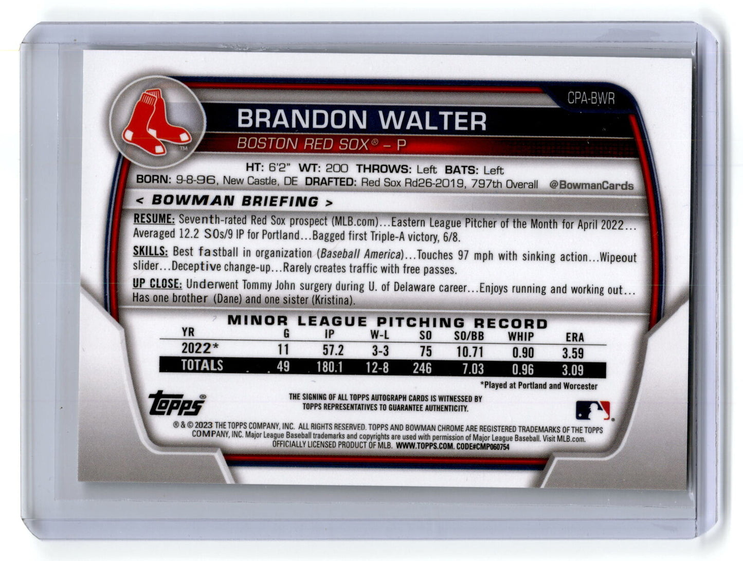 2023 Bowman #CPA-BWR Brandon Walter Chrome Prospect Autographs NM