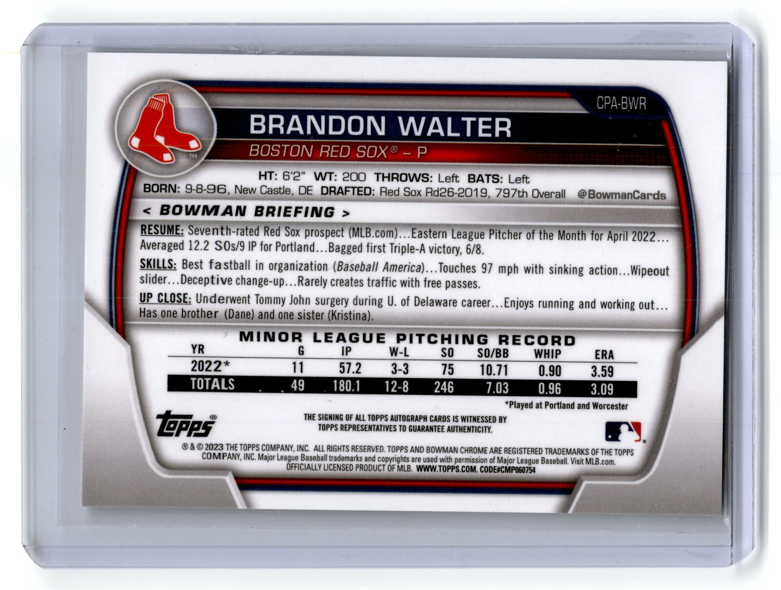 2023 Bowman #CPA-BWR Brandon Walter Chrome Prospect Autographs NM