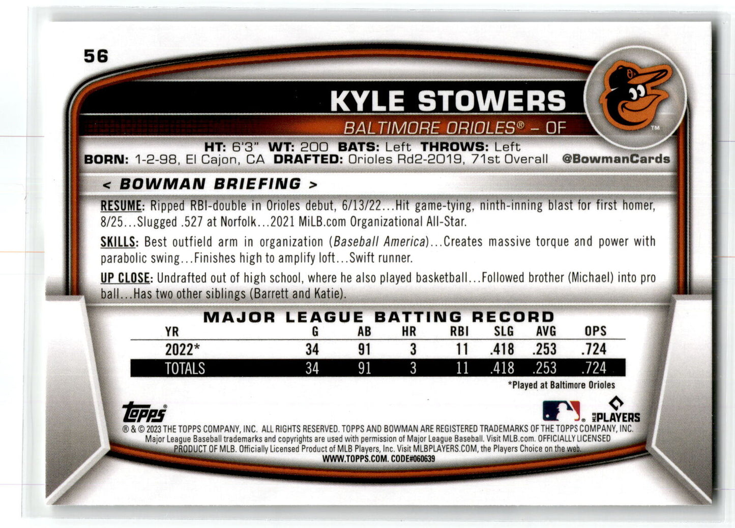 2023 Bowman #56 Kyle Stowers NM