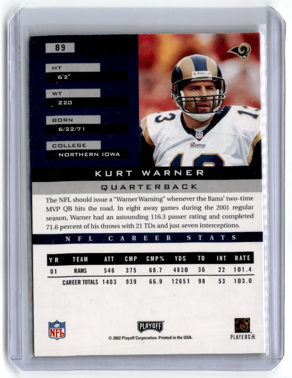 2002 Playoff Honors #89 Kurt Warner