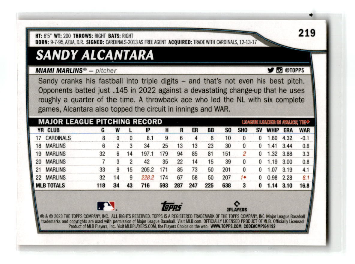 2023 Topps Big League #219 Sandy Alcantara Electric Orange NM