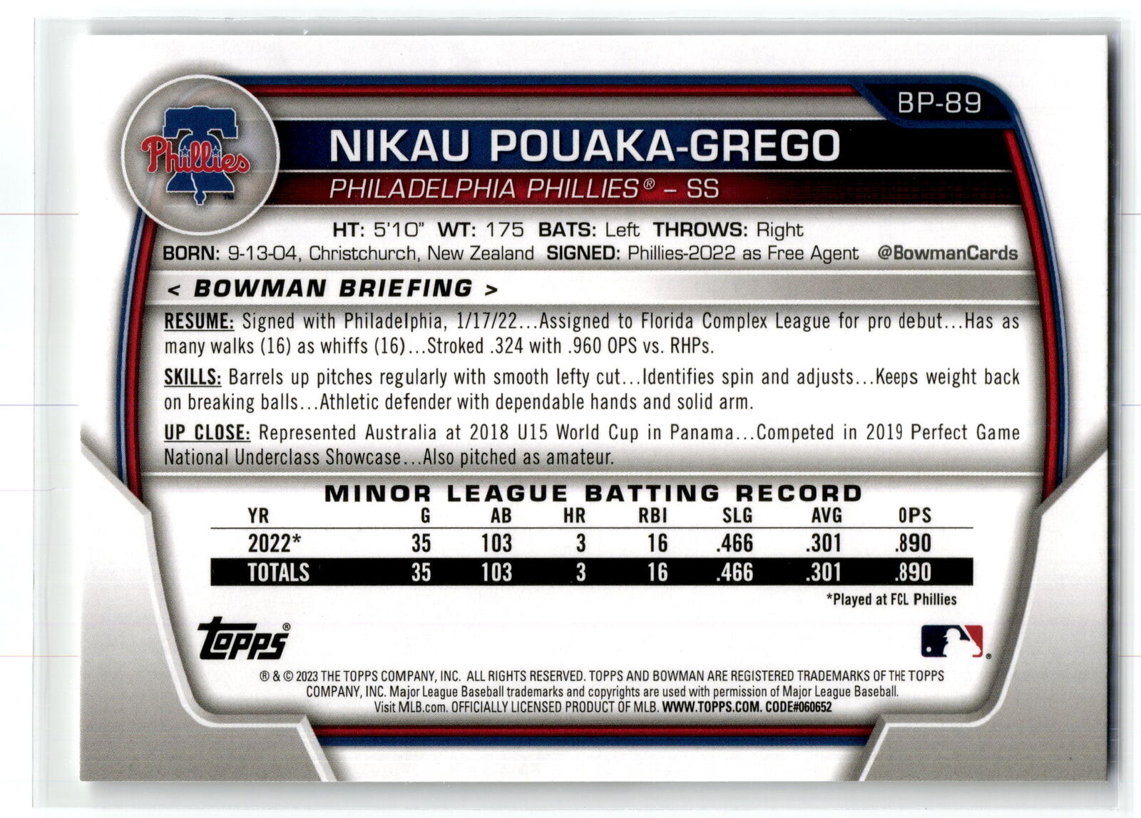 2023 Bowman #BP-89 Nikau Pouaka-Grego Prospects NM