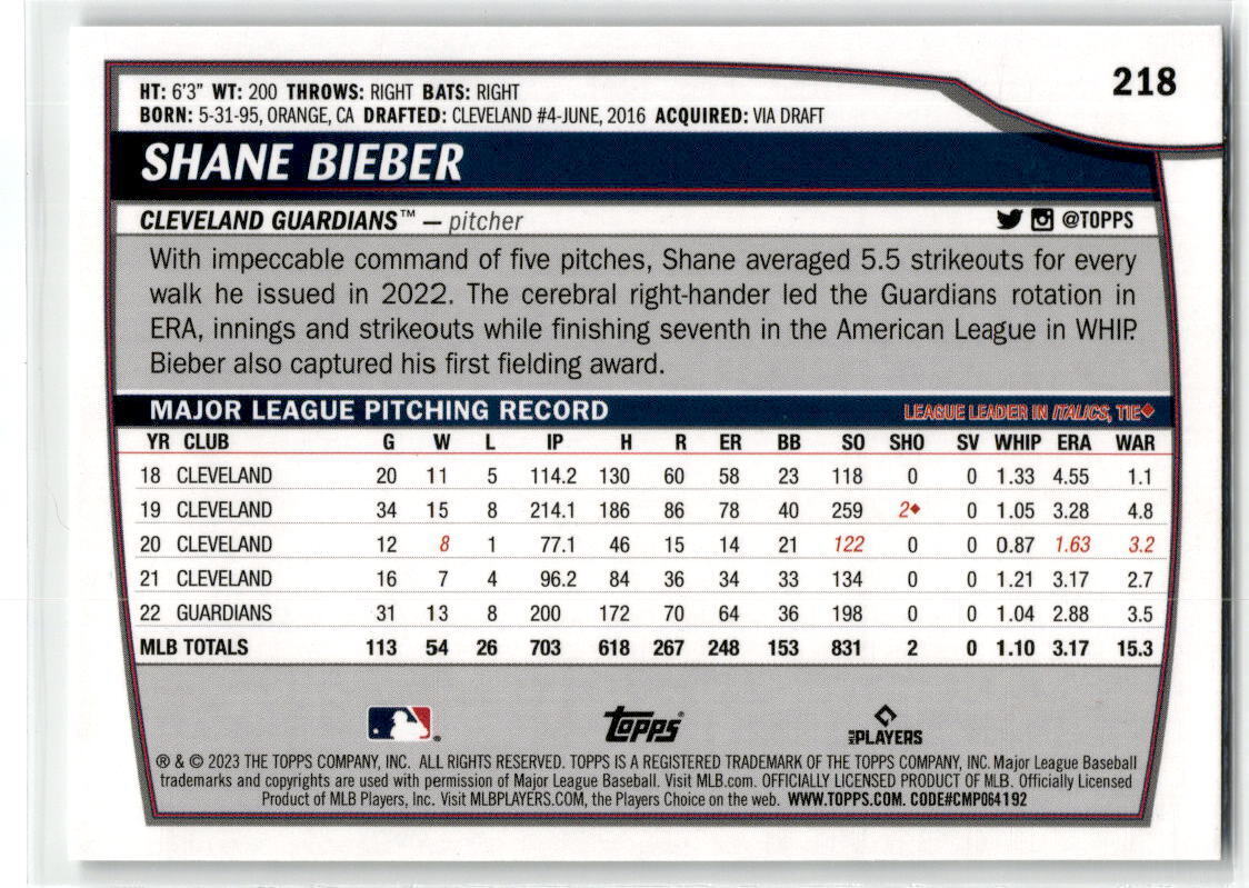 2023 Topps Big League #218 Shane Bieber NM