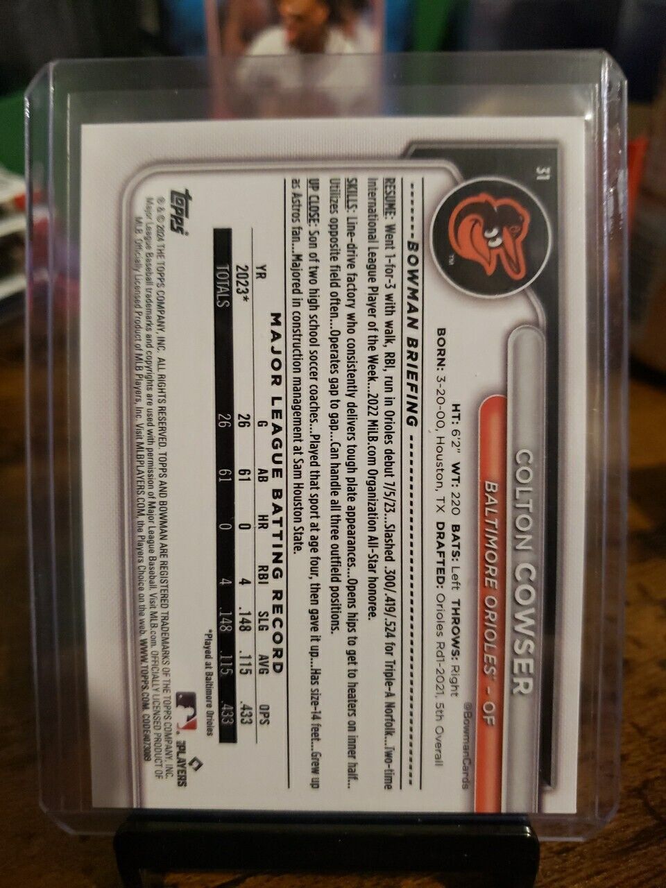 2024 Bowman Colton Cowser #31 Rookie Baltimore Orioles