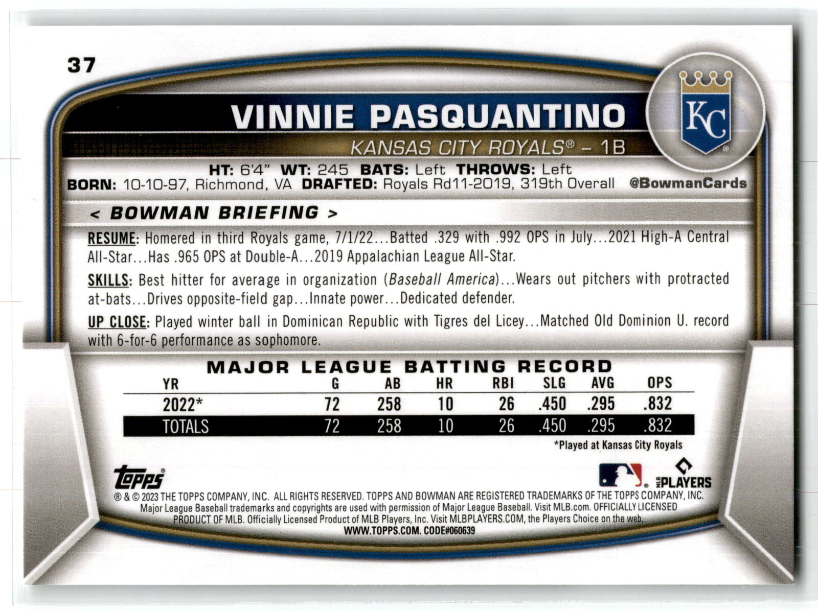 2023 Bowman #37 Vinnie Pasquantino NM