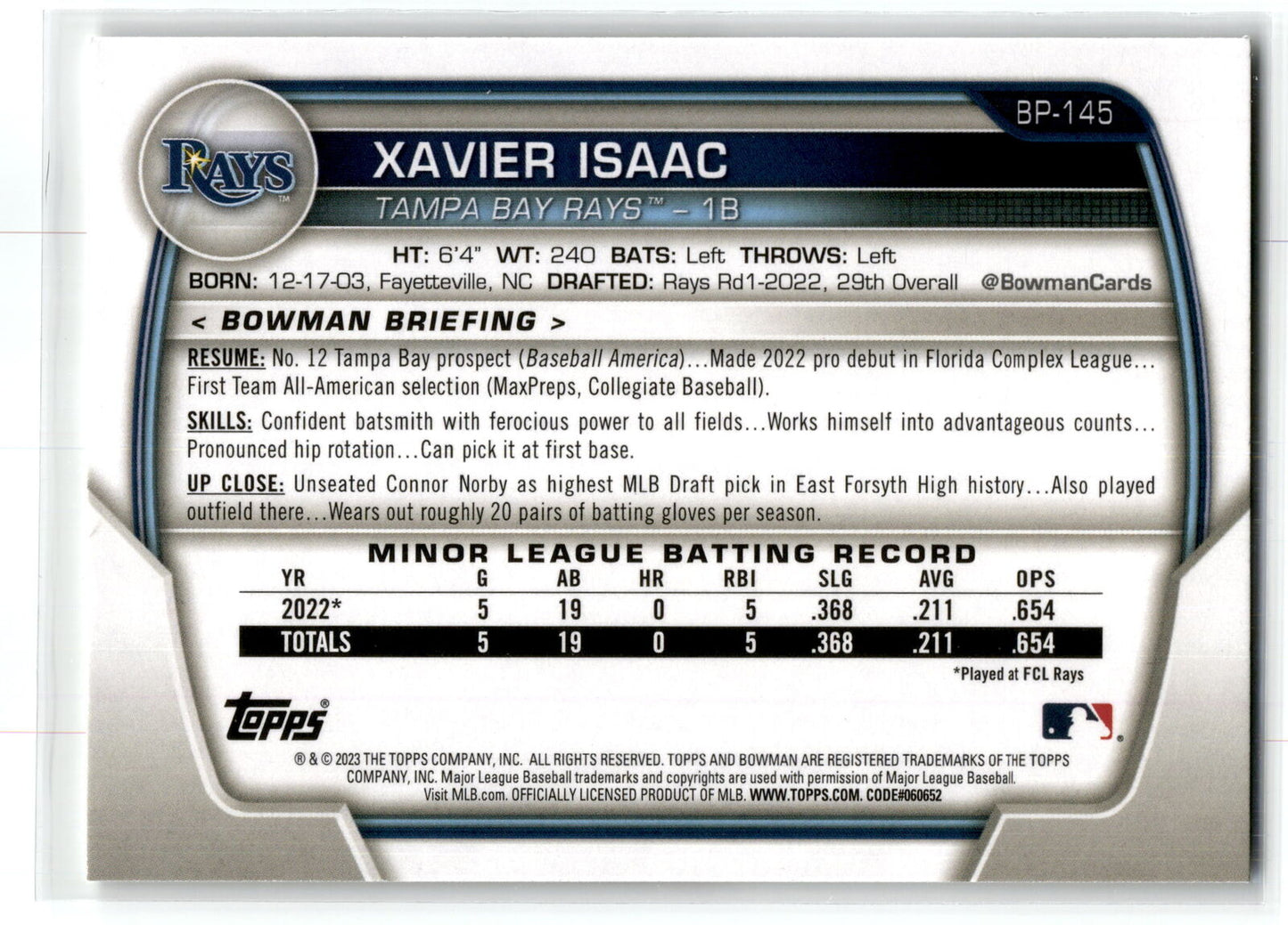 2023 Bowman #BP-145 Xavier Isaac Prospects NM