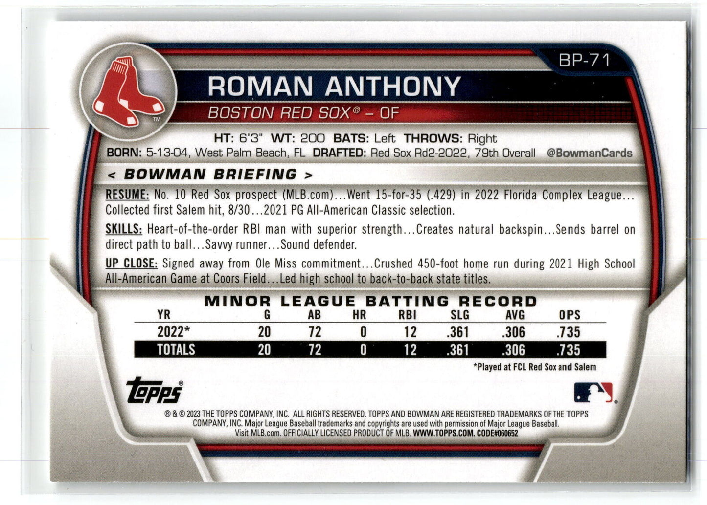 2023 Bowman #BP-71 Roman Anthony Prospects NM