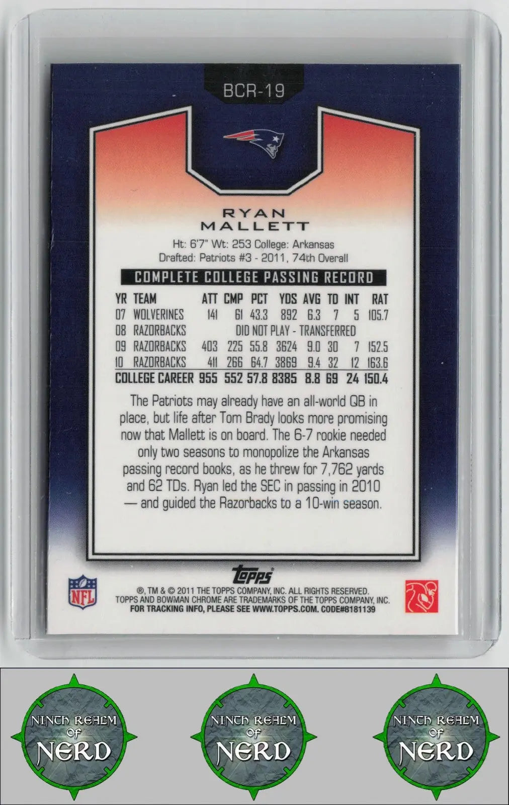 Ryan Mallett 2011 Bowman Chrome Rookies #BCR-19 New England Patriots