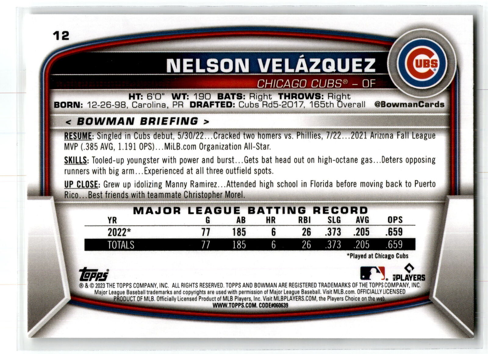 2023 Bowman #12 Nelson Velazquez NM