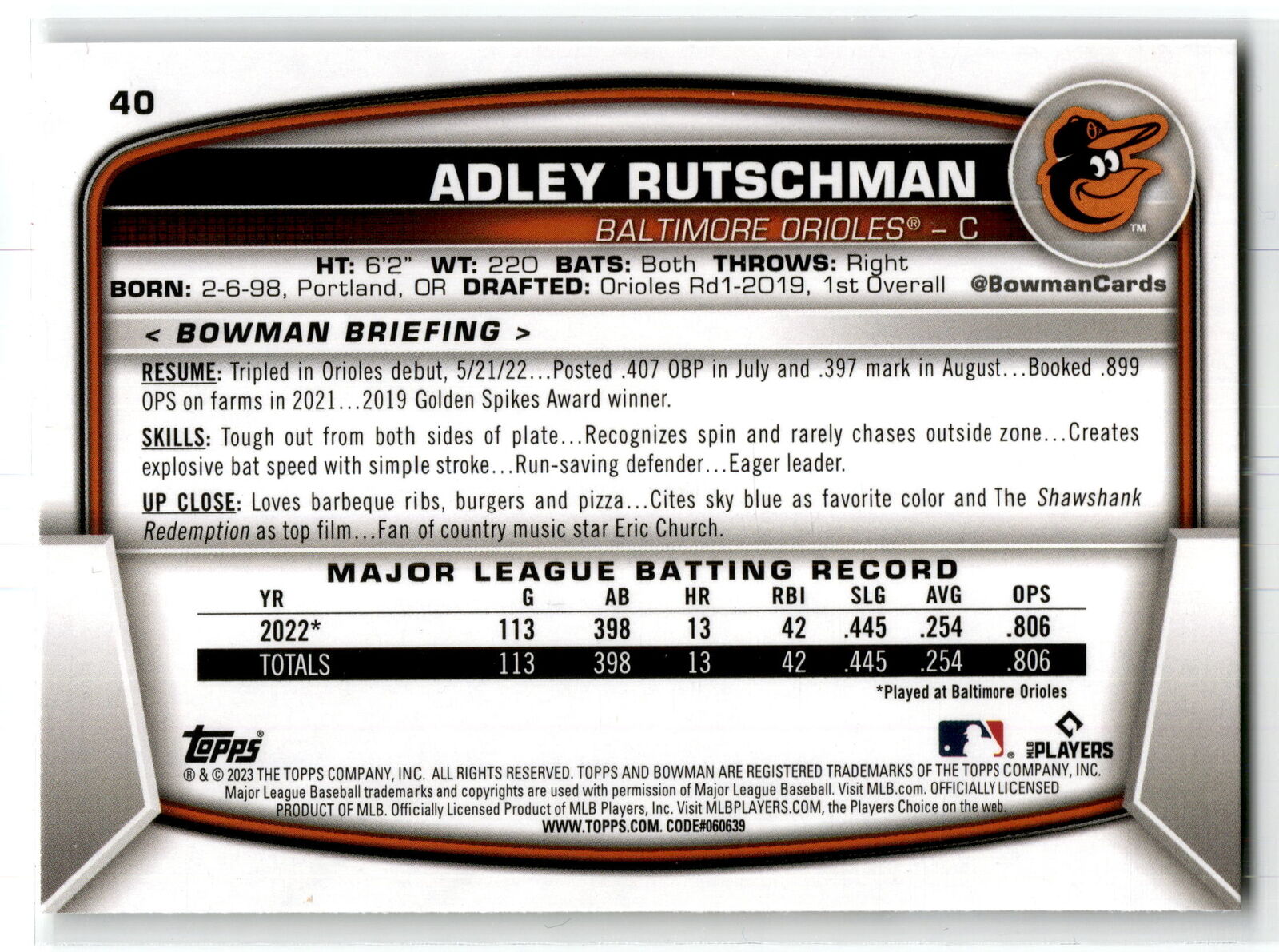 2023 Bowman #40 Adley Rutschman NM