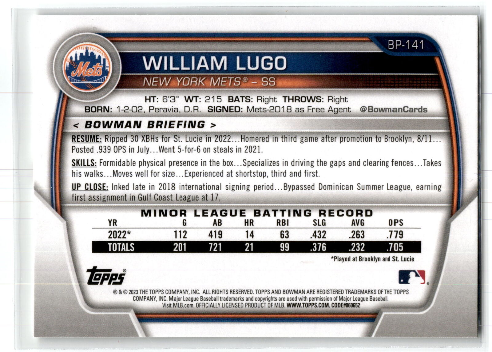 2023 Bowman #BP-141 William Lugo Prospects NM