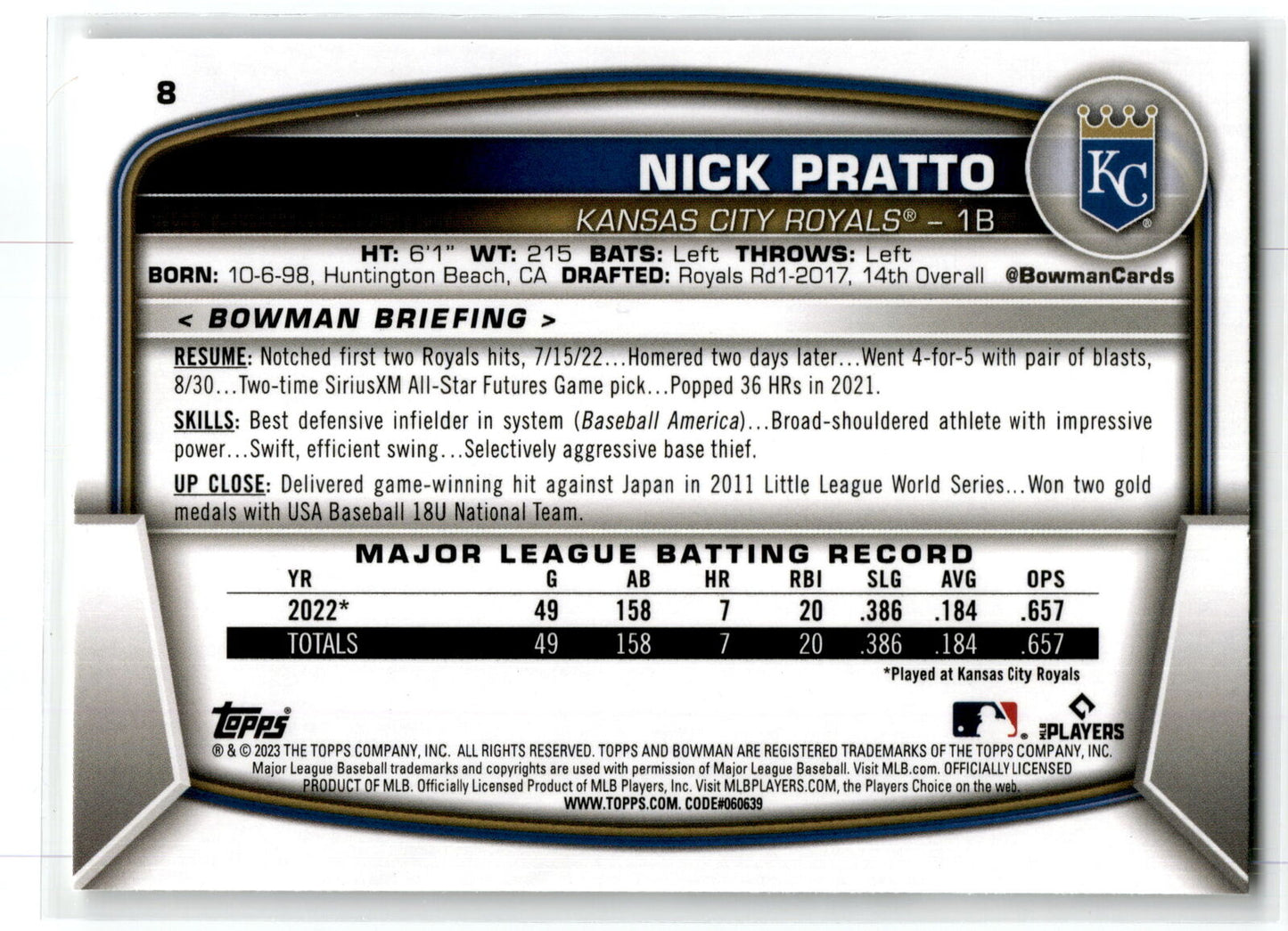 2023 Bowman #8 Nick Pratto NM