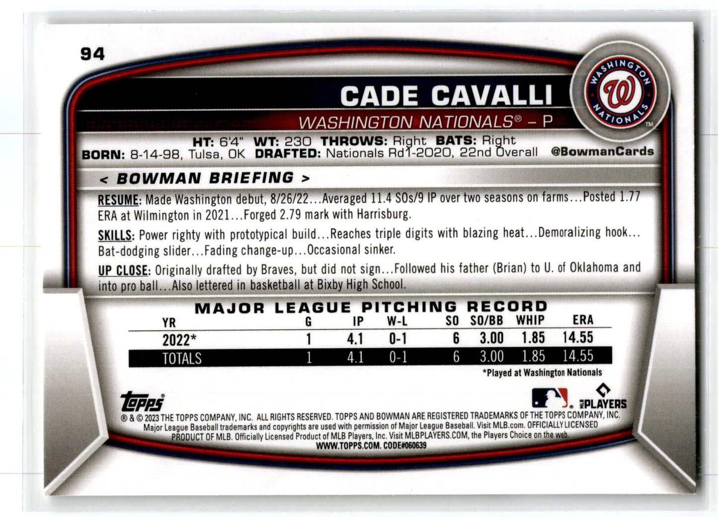 2023 Bowman #94 Cade Cavalli NM