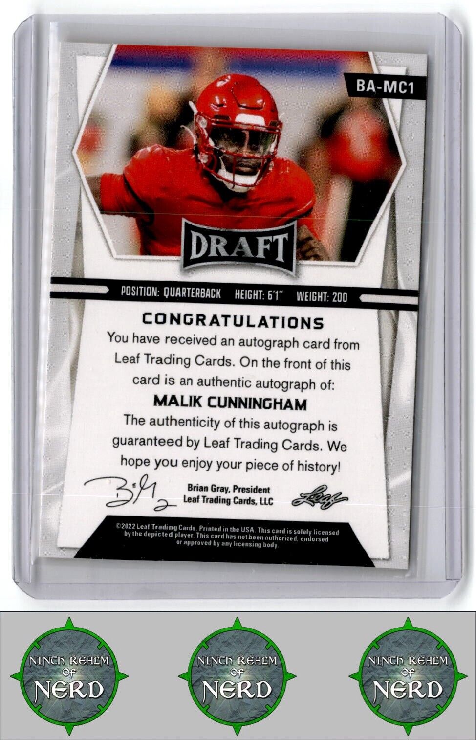 2022 Leaf Draft (Hobby) #BA-MC1 Malik Cunningham Autographs Gold