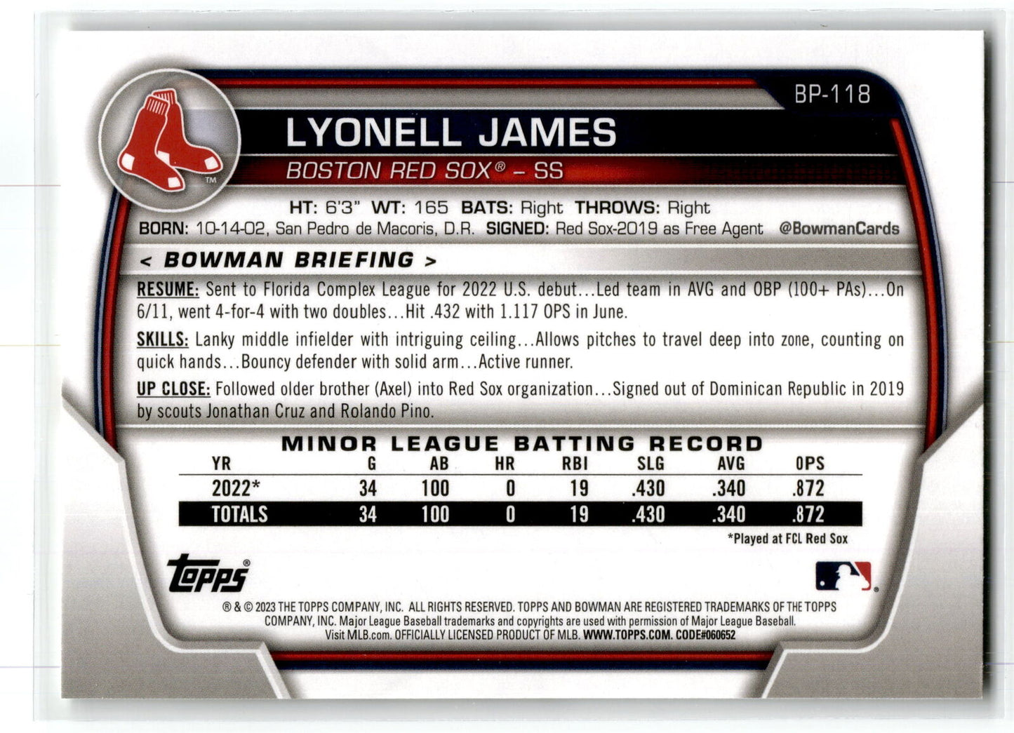 2023 Bowman #BP-118 Lyonell James Prospects NM