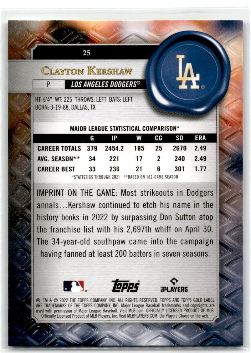 2022 Topps Gold Label #25 Clayton Kershaw NM