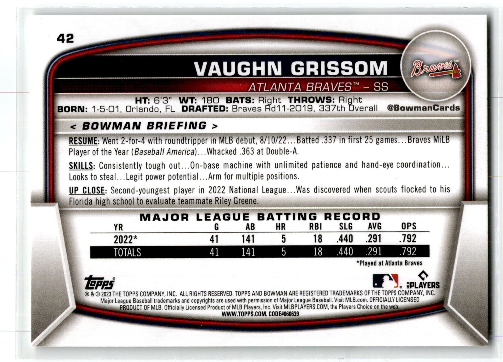 2023 Bowman #42 Vaughn Grissom NM