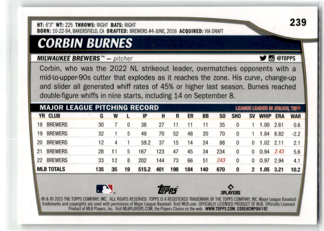 2023 Topps Big League #239 Corbin Burnes NM