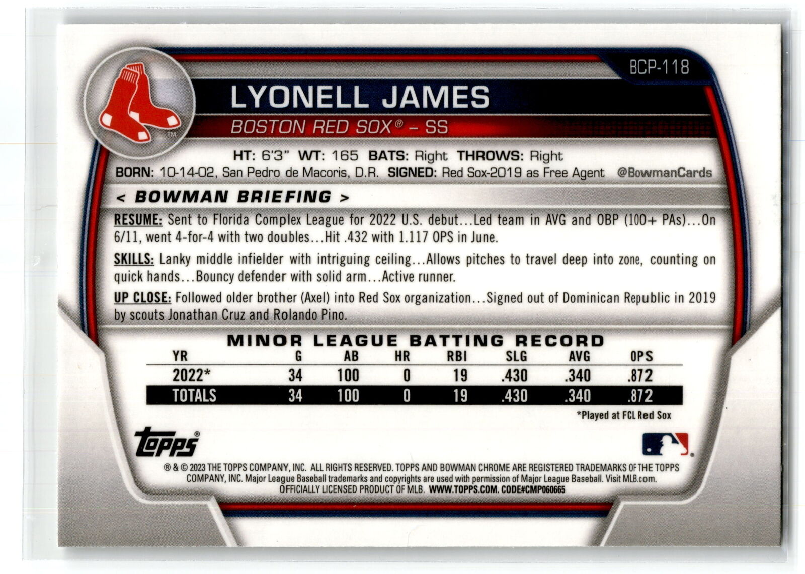 2023 Bowman #BCP-118 Lyonell James Chrome Prospects NM