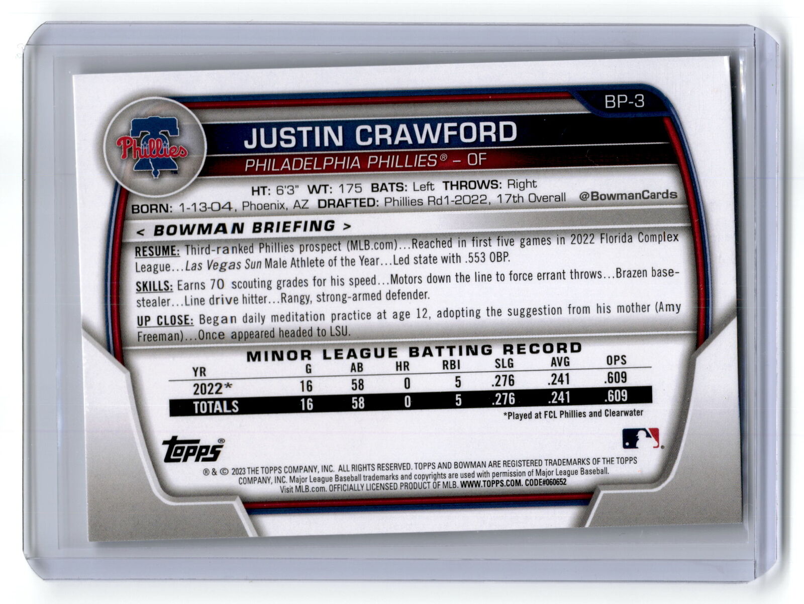 2023 Bowman #BP-3 Justin Crawford Prospects Purple NM