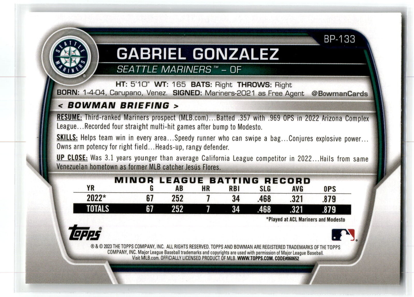 2023 Bowman #BP-133 Gabriel Gonzalez Prospects NM