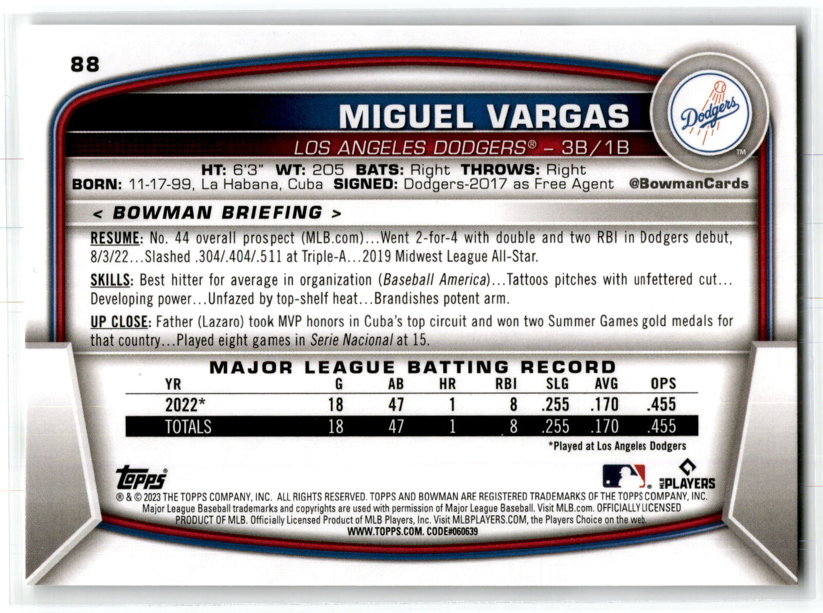 2023 Bowman #88 Miguel Vargas NM