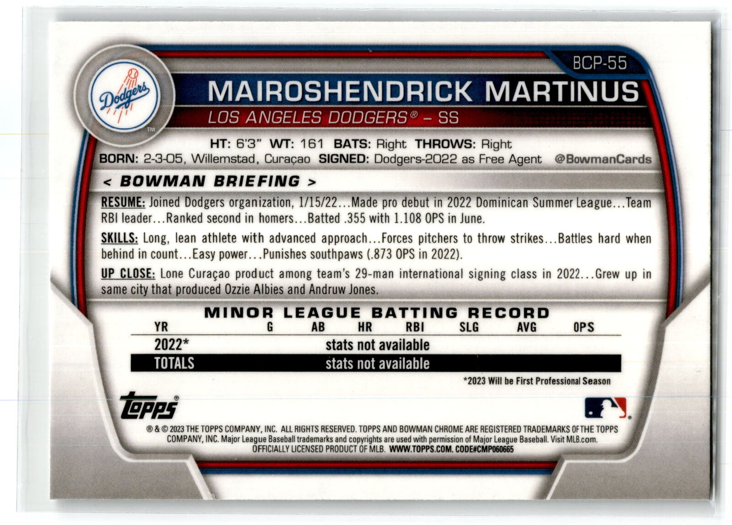 2023 Bowman #BCP-55 Mairoshendrick Martinus Chrome Prospects NM