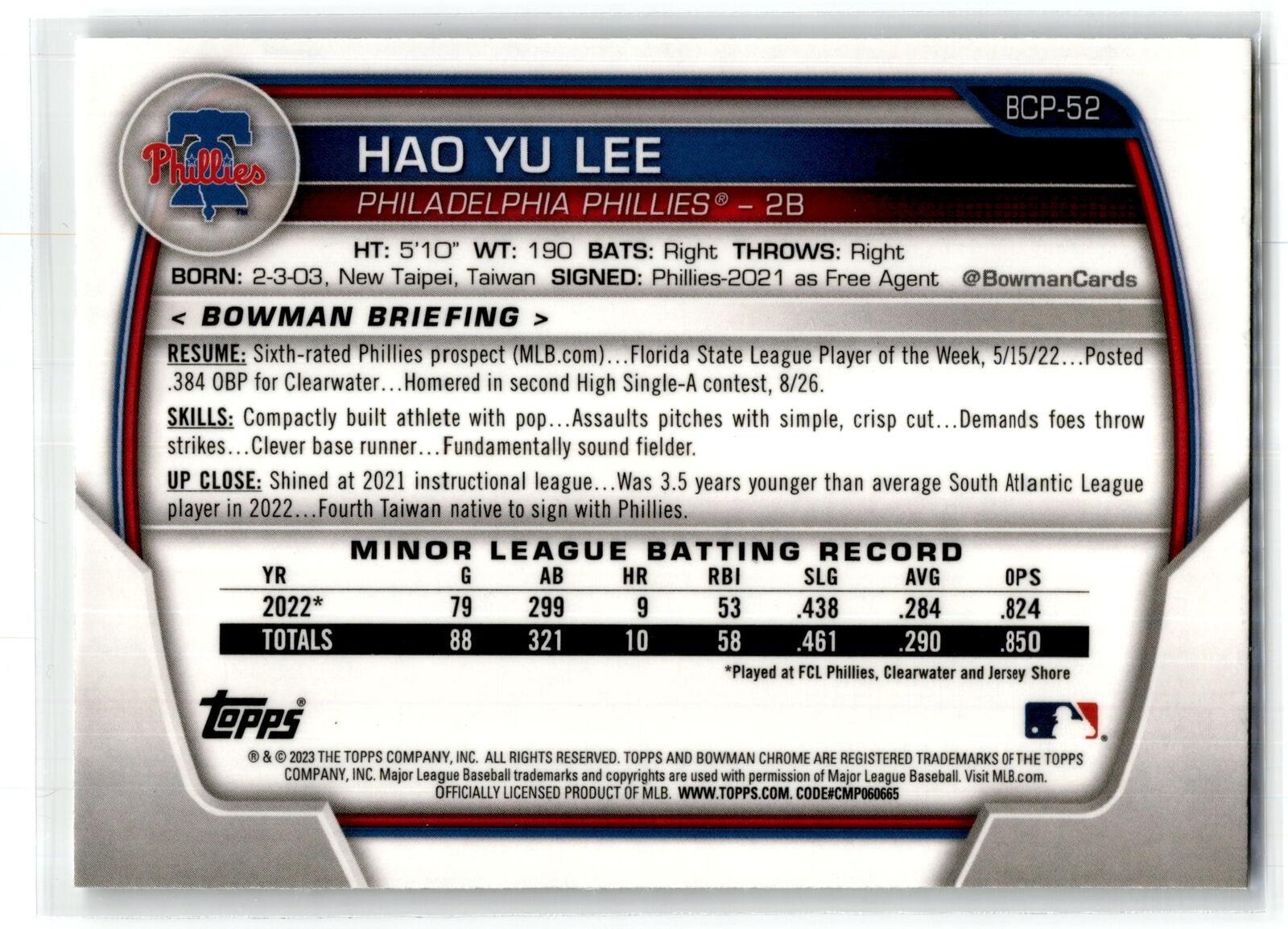 2023 Bowman #BCP-52 Hao Yu Lee Chrome Prospects NM