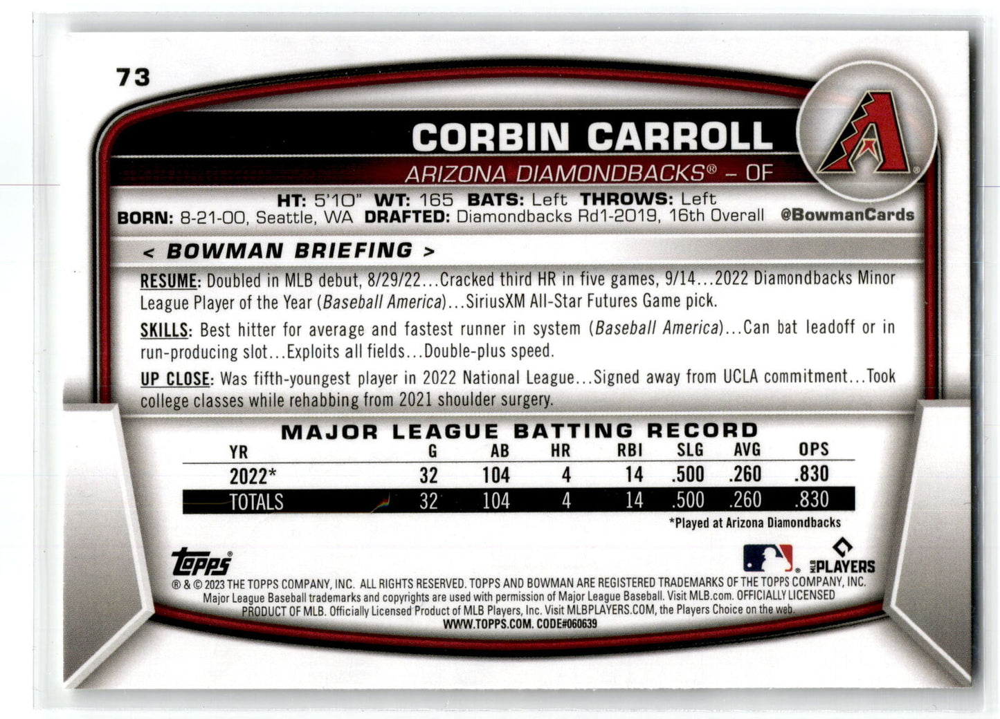 2023 Bowman #73 Corbin Carroll NM