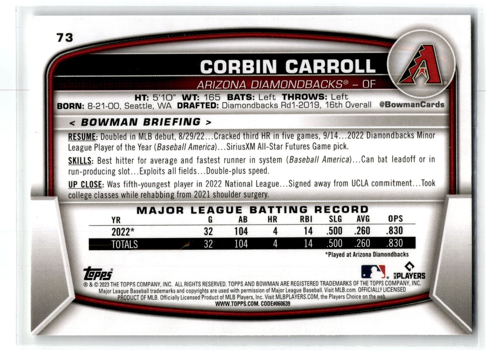 2023 Bowman #73 Corbin Carroll NM