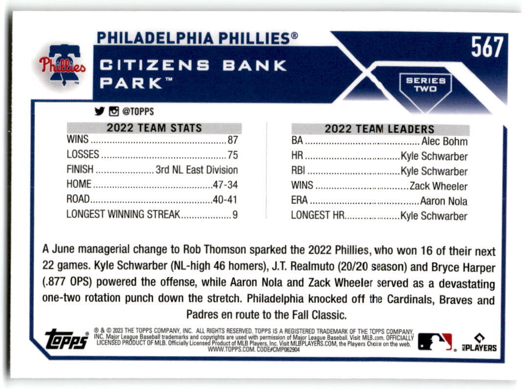 2023 Topps #567 Philadelphia Phillies TC NM