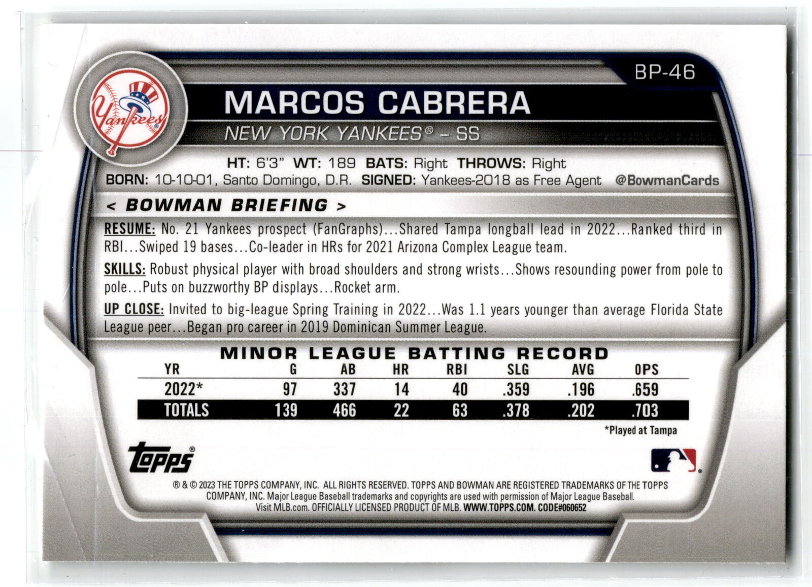 2023 Bowman #BP-46 Marcos Cabrera Prospects NM