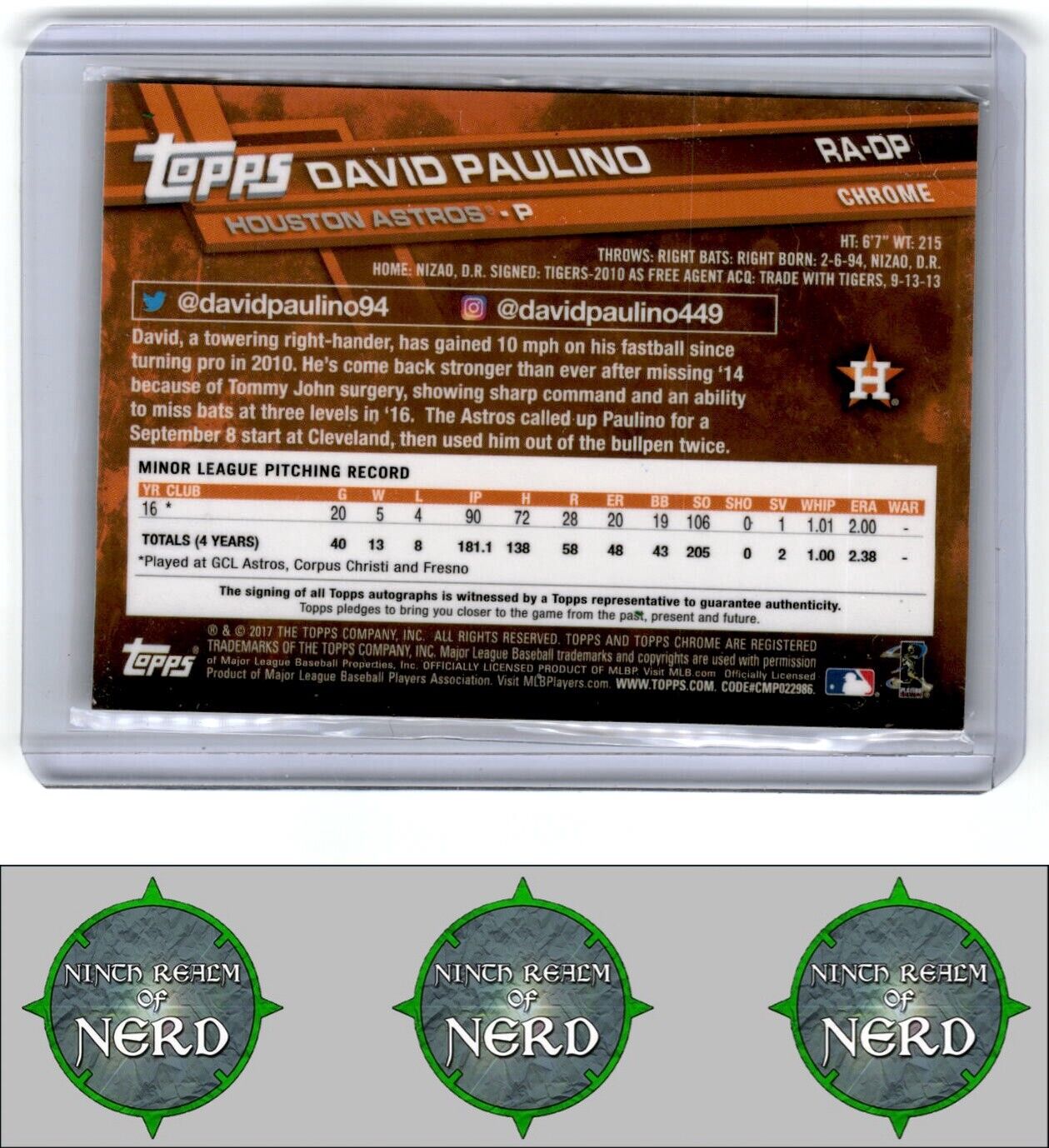 2017 Topps Chrome #RA-DP David Paulino Rookie Autographs