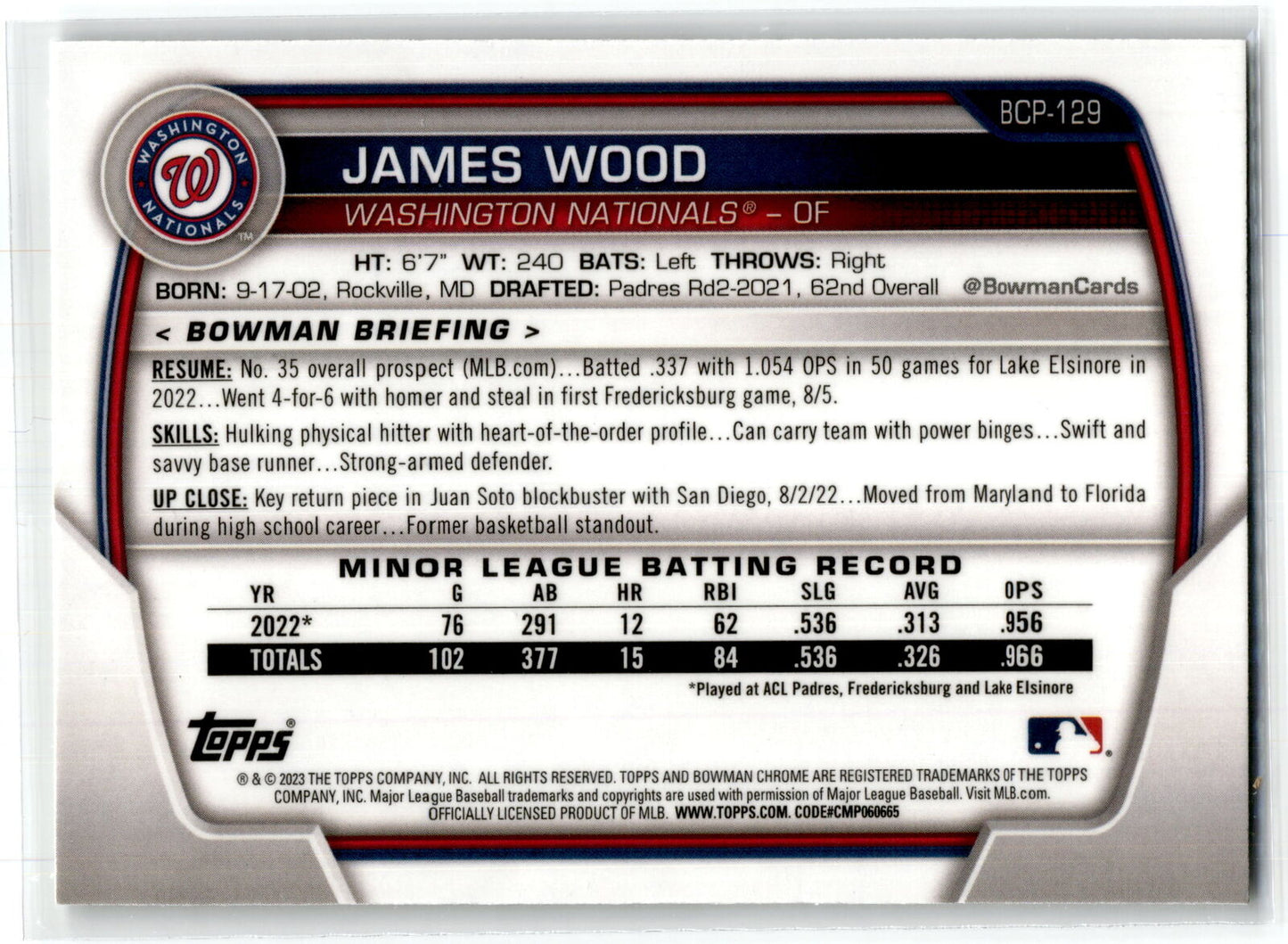 2023 Bowman #BCP-129 James Wood Chrome Prospects NM