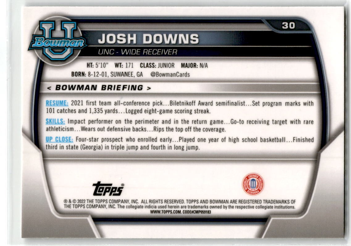 2022 Bowman Chrome University #30 Josh Downs NM