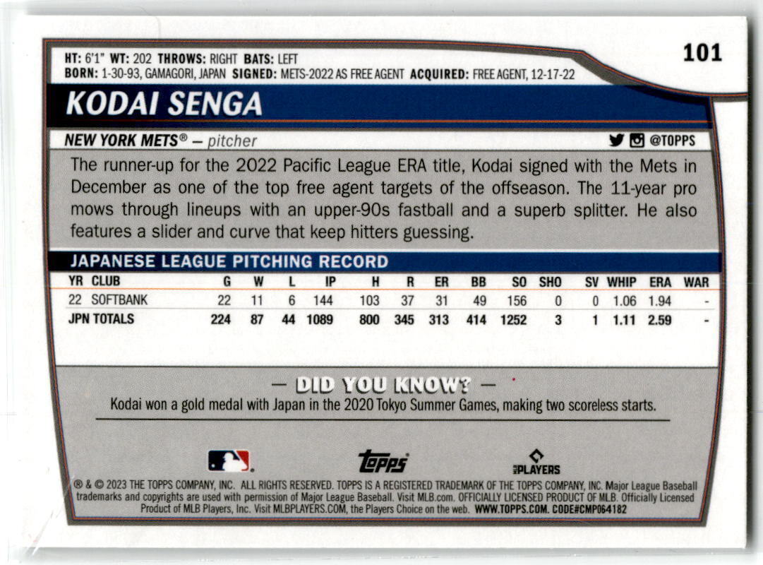 2023 Topps Big League #101 Kodai Senga NM