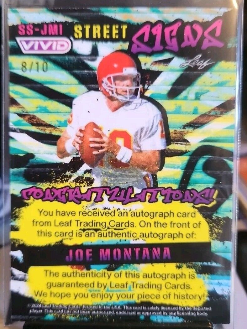 2024 Leaf Vivid Joe Montana Street Signs Auto 8/10 Chiefs SP HOF