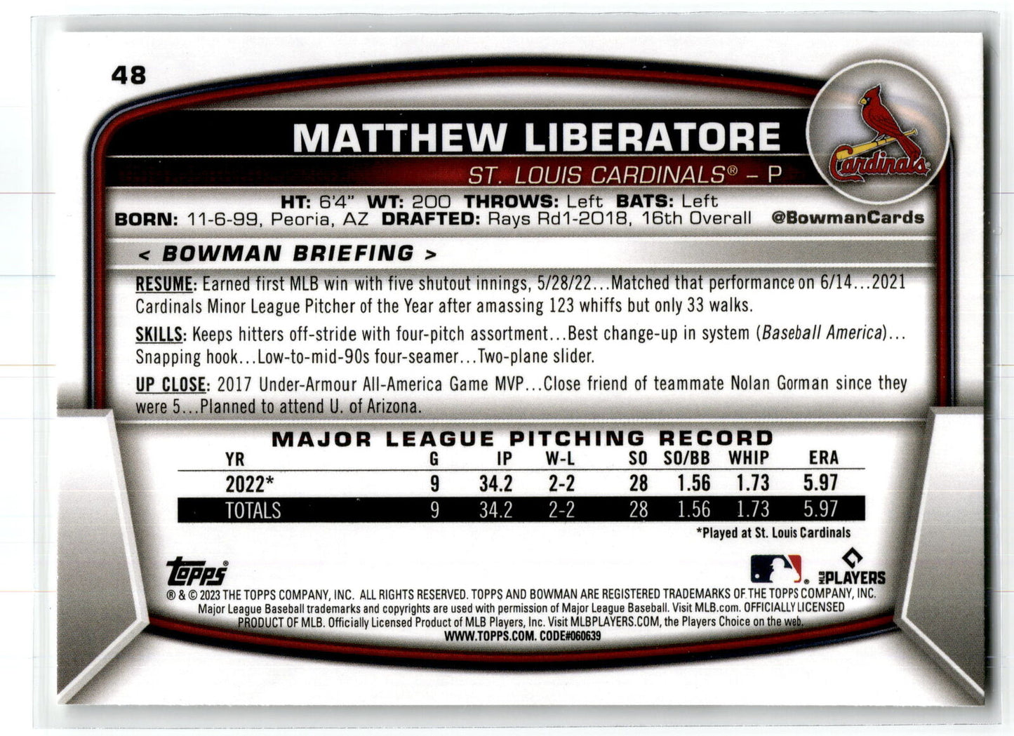 2023 Bowman #48 Matthew Liberatore NM