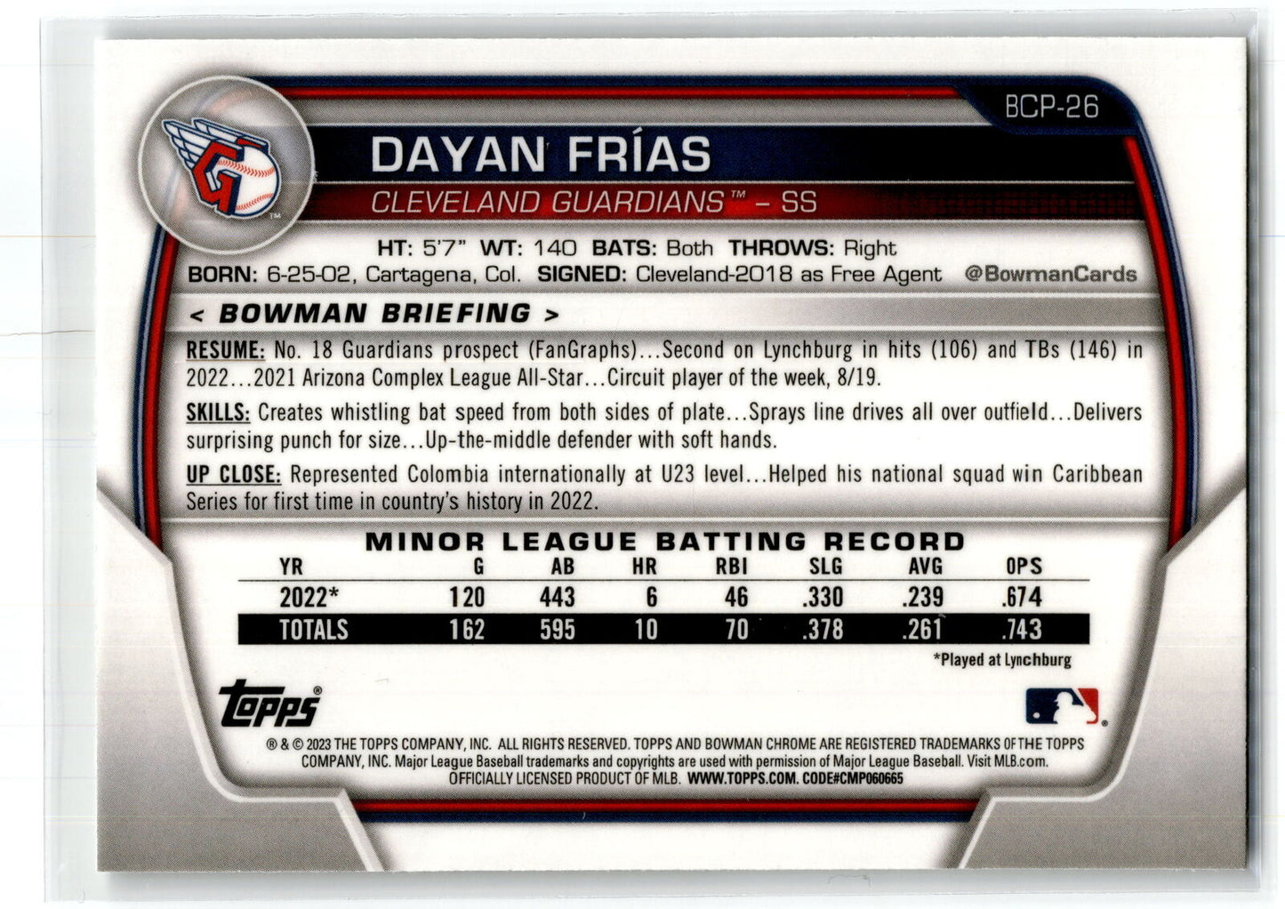 2023 Bowman #BCP-26 Dayan Frias Chrome Prospects NM