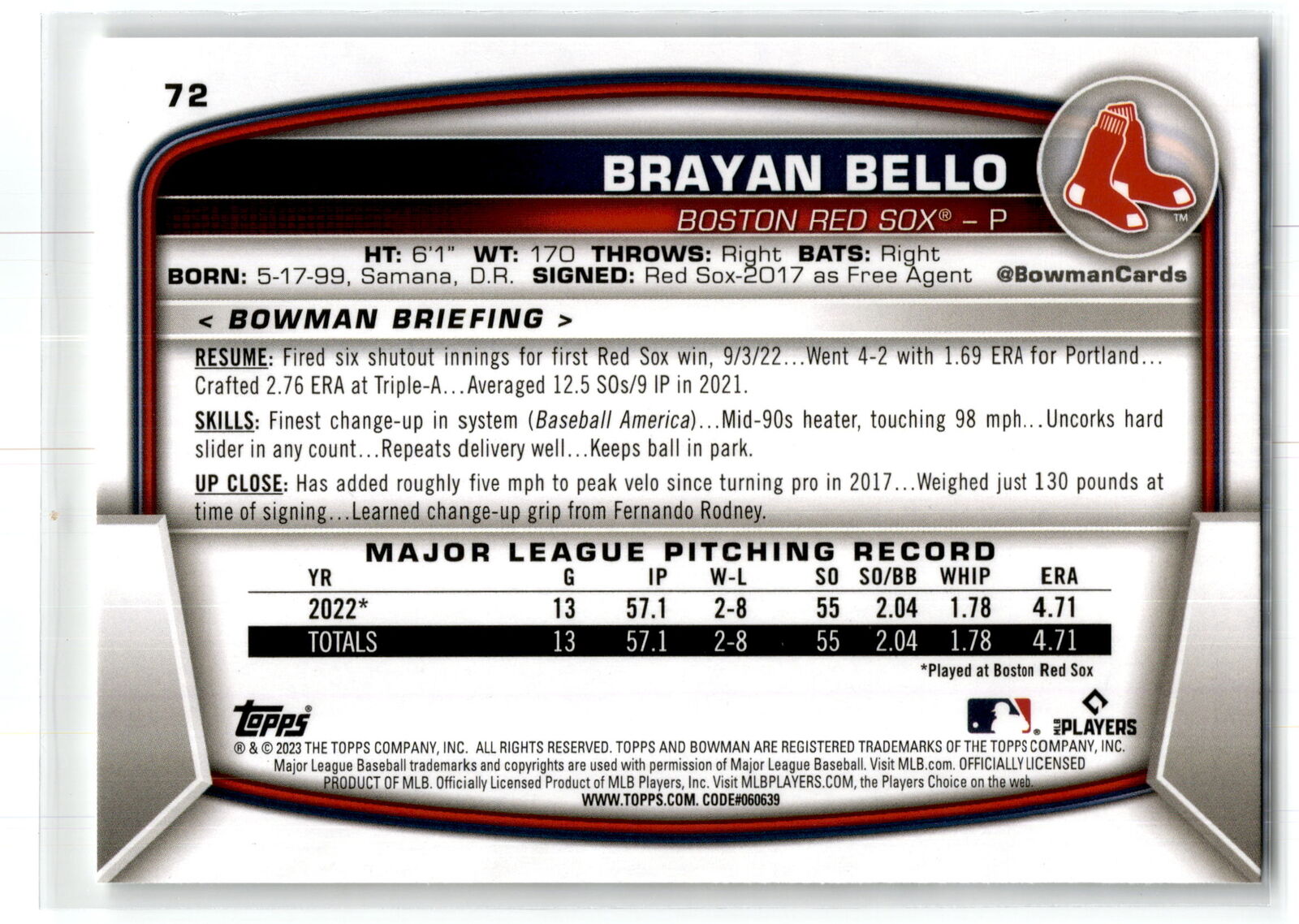 2023 Bowman #72 Brayan Bello NM