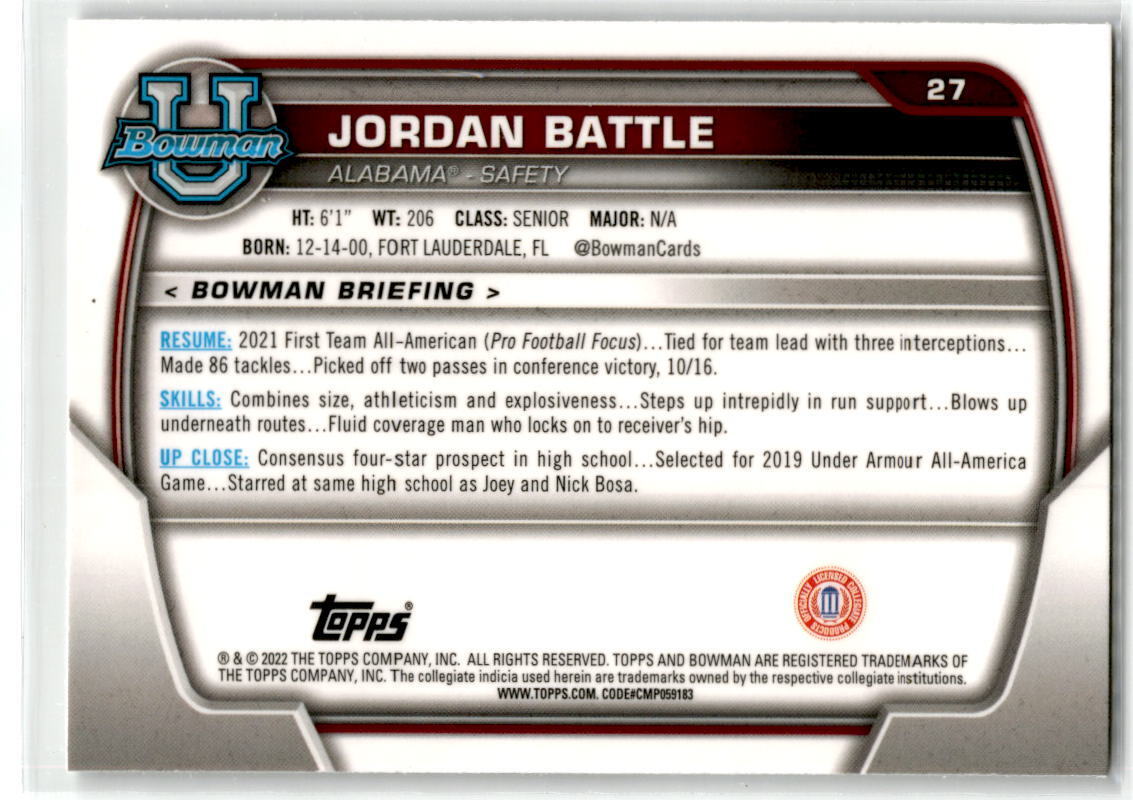 2022 Bowman Chrome University #27 Jordan Battle NM