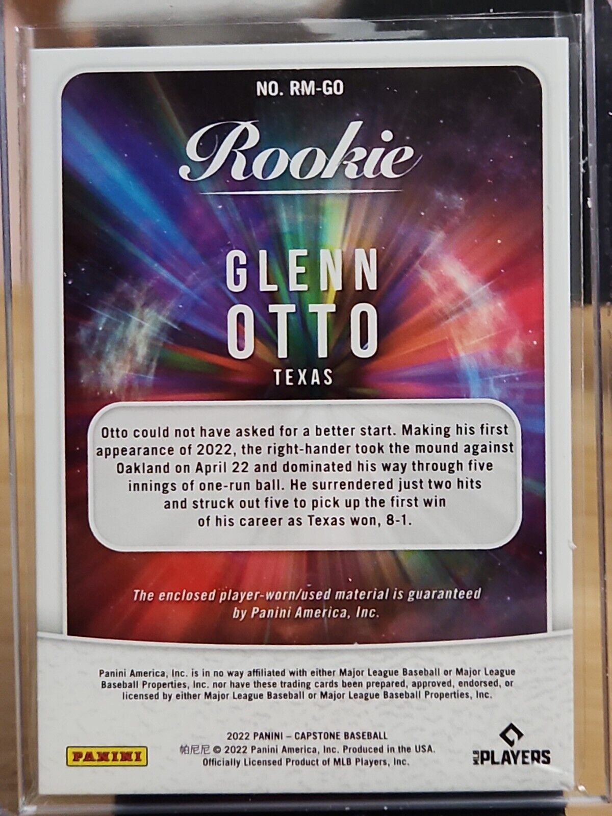 2022 Panini Capstone GLENN OTTO Rookie Materials #RM-GO Texas Rangers RC