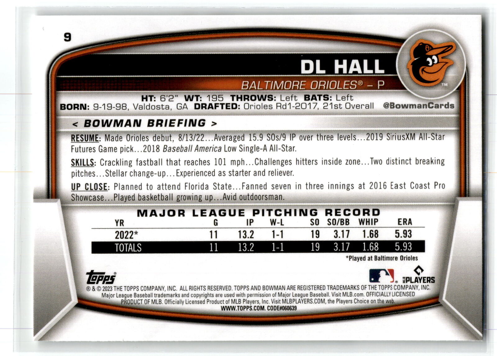 2023 Bowman #9 DL Hall NM